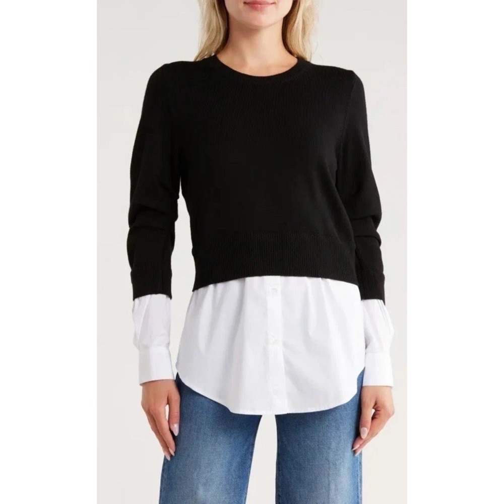 Veronica Beard Amirah Mixed Media Wool Sweater Cotton Shirt Black White Small